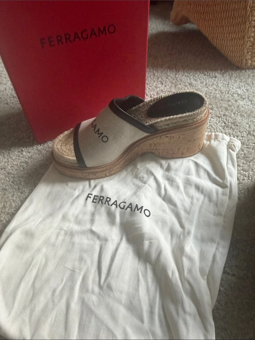 Salvatore Ferragamo Beige and Black Canvas Espadrille Wedge Slides